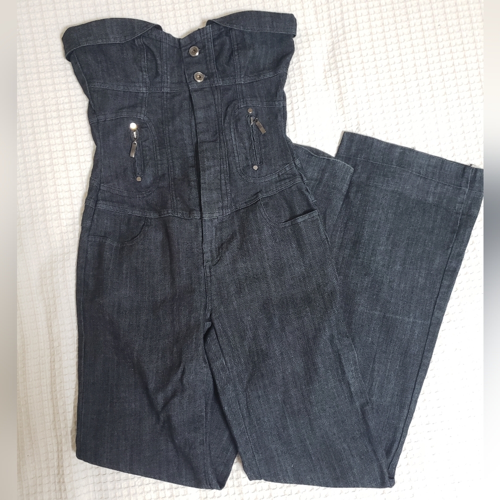 Women's Black Denim Strapless Jumpsuit